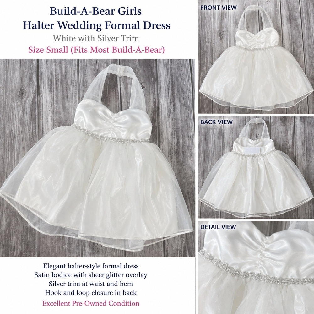 Build-A-Bear Workshop White Satin Tulle Halter Dress Silver Trim Plush Outfit